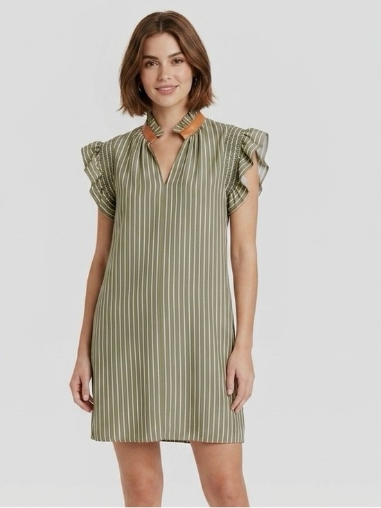 THML Dresses & Skirts - THML Emily Olive & White Striped Flutter Sleeve Mini Dress